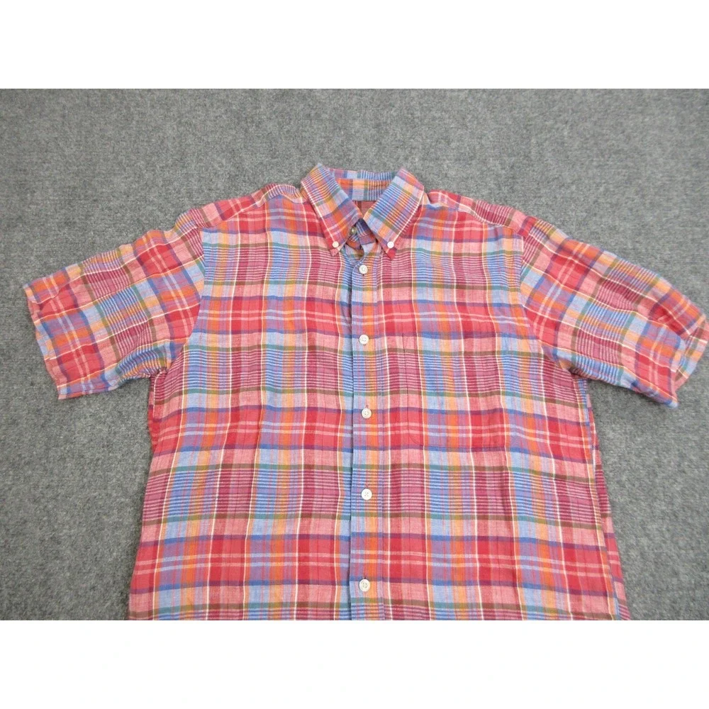 Orvis Shirt Mens Medium Red Plaid Linen Madras Button Up Casual Lightweight